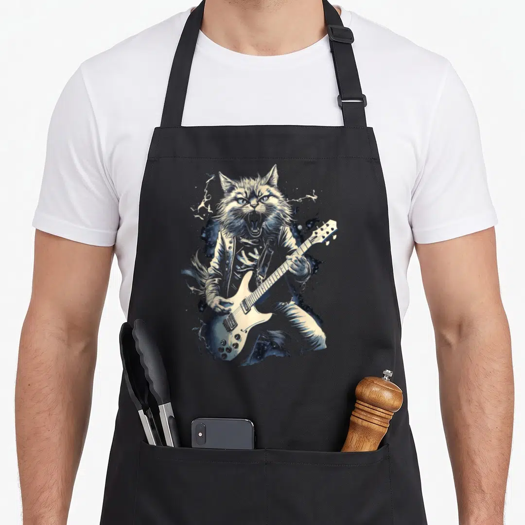 Rocker cat apron - Realistic cat in leather jacket playing electric guitar with blue and black paint splatters — shown on a black cotton canvas apron against a white background