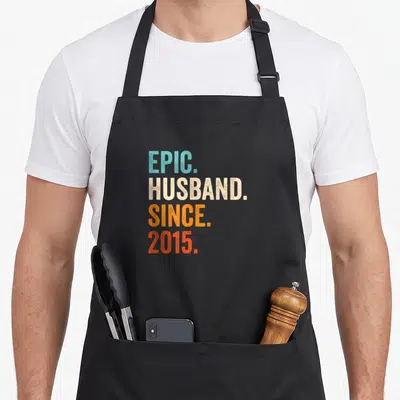 11th wedding apron - Stacked distressed text reading EPIC HUSBAND SINCE 2015 in teal beige and orange colors — shown on a black cotton canvas apron against a white background