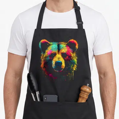 Colourful bear apron - multicolored watercolor bear head with blue yellow red green magenta paint drips — shown on a black cotton canvas apron against a white background