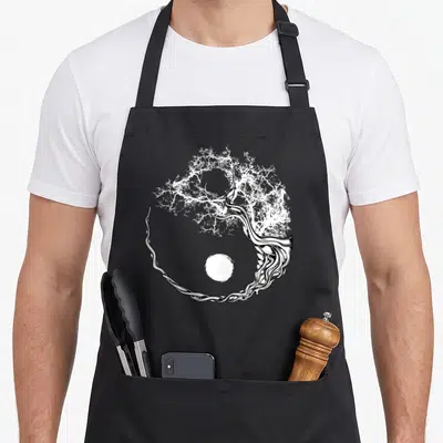 Yin japan apron - White yin yang tree and moon enso circle line art on black bib — shown on a black cotton canvas apron against a white background