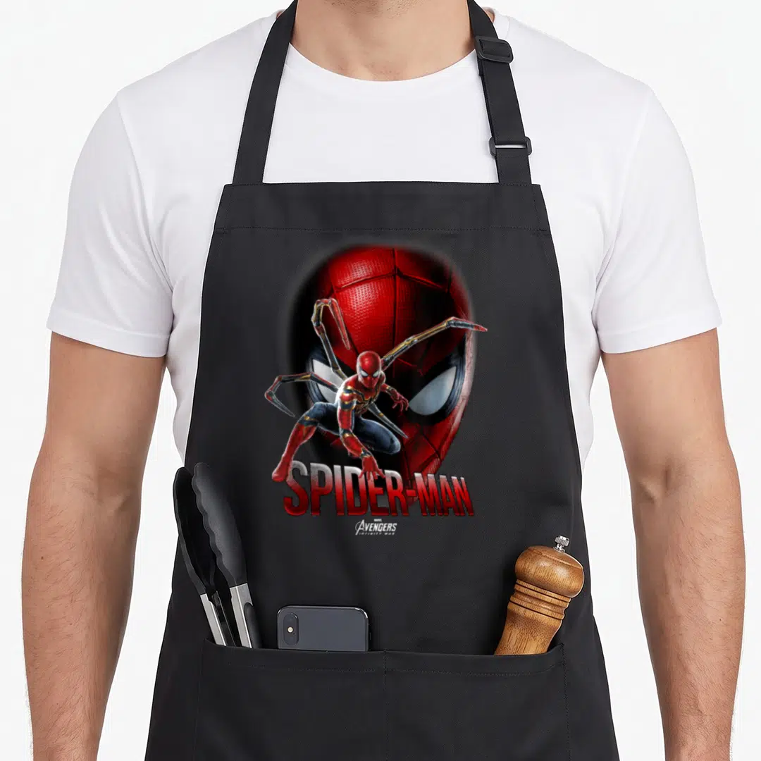 Infinity face apron - Realistic Spider-Man in red and blue suit with gold mechanical arms and SPIDER-MAN text below — shown on a black cotton canvas apron against a white background