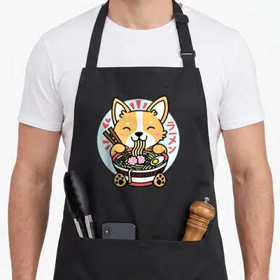 Ramen corgi apron - Cartoon corgi eating ramen noodles with chopsticks and Japanese text on blue circle — shown on a black cotton canvas apron against a white background