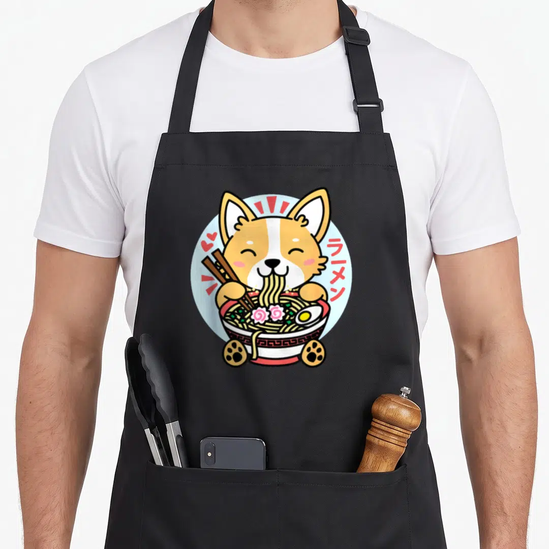Ramen corgi apron - Cartoon corgi eating ramen noodles with chopsticks and Japanese text on blue circle — shown on a black cotton canvas apron against a white background