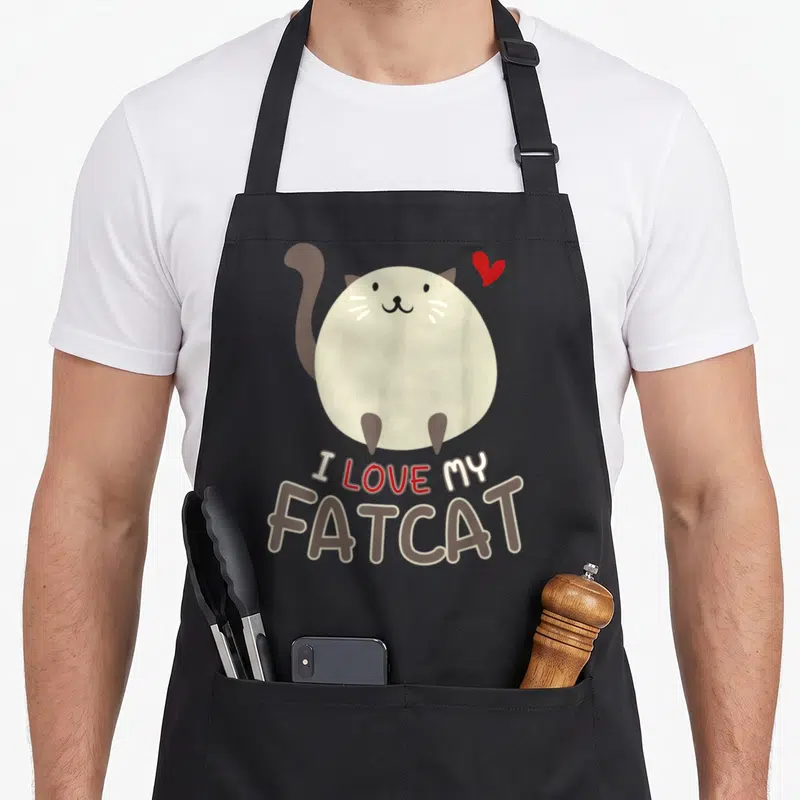 Chonk kitten cat apron - Round beige cartoon cat with red heart and I LOVE MY FATCAT text — shown on a black cotton canvas apron against a white background