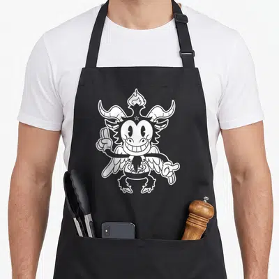 Blackcraft kawaii apron - White cartoon Baphomet with flame, pentagram, wings, and pointing hands — shown on a black cotton canvas apron against a white background