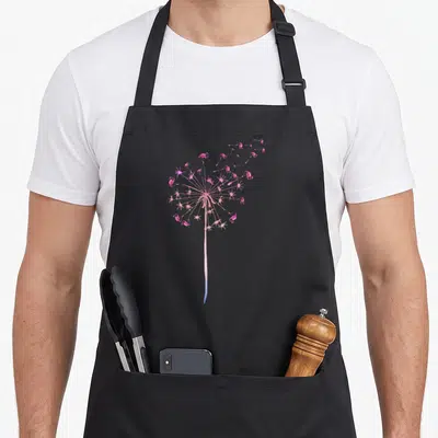 Dandelion birds apron - Pink flamingos attached to dandelion seeds on a pink and blue stem in cartoon style — shown on a black cotton canvas apron against a white background