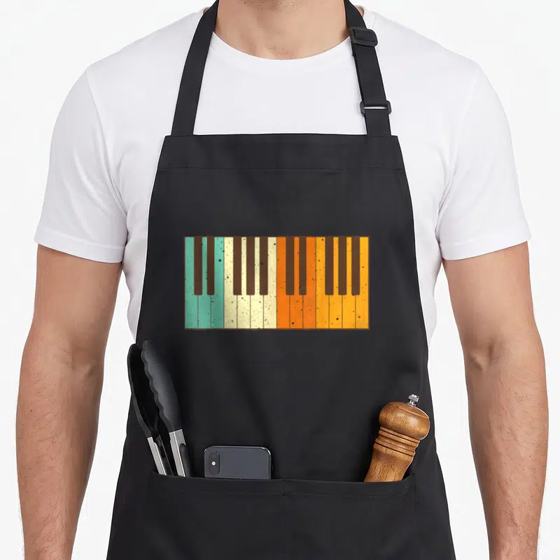Musician player piano apron - Retro piano keys in teal cream orange and yellow orange color blocks — shown on a black cotton canvas apron against a white background
