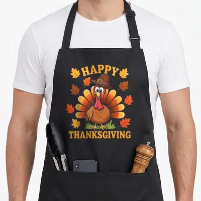Turkey family dinner thanksgiving apron - Cartoon turkey in a hat with arched HAPPY THANKSGIVING text and scattered — shown on a black cotton canvas apron against a white background