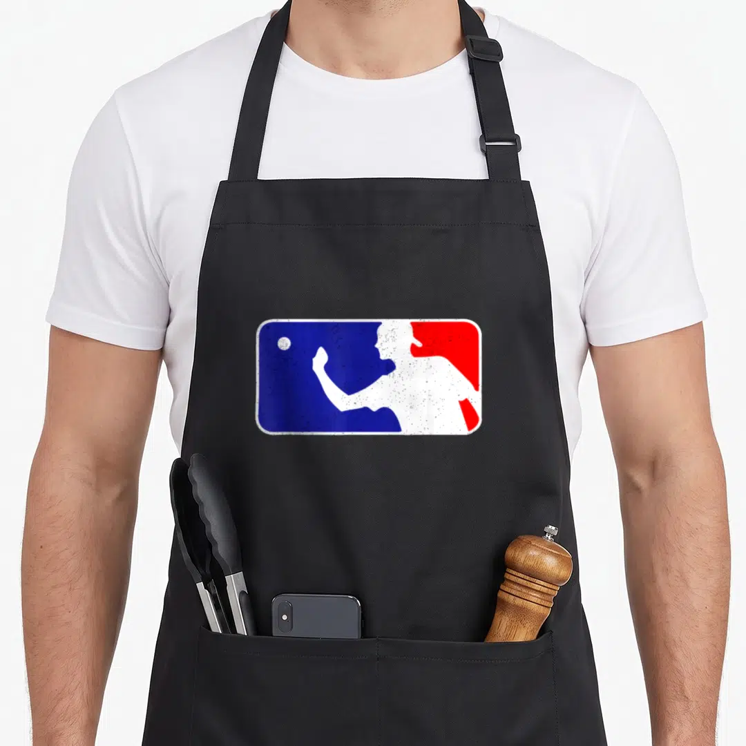 Major beer pong apron - White baseball player silhouette throwing a ball on blue and red split background — shown on a black cotton canvas apron against a white background