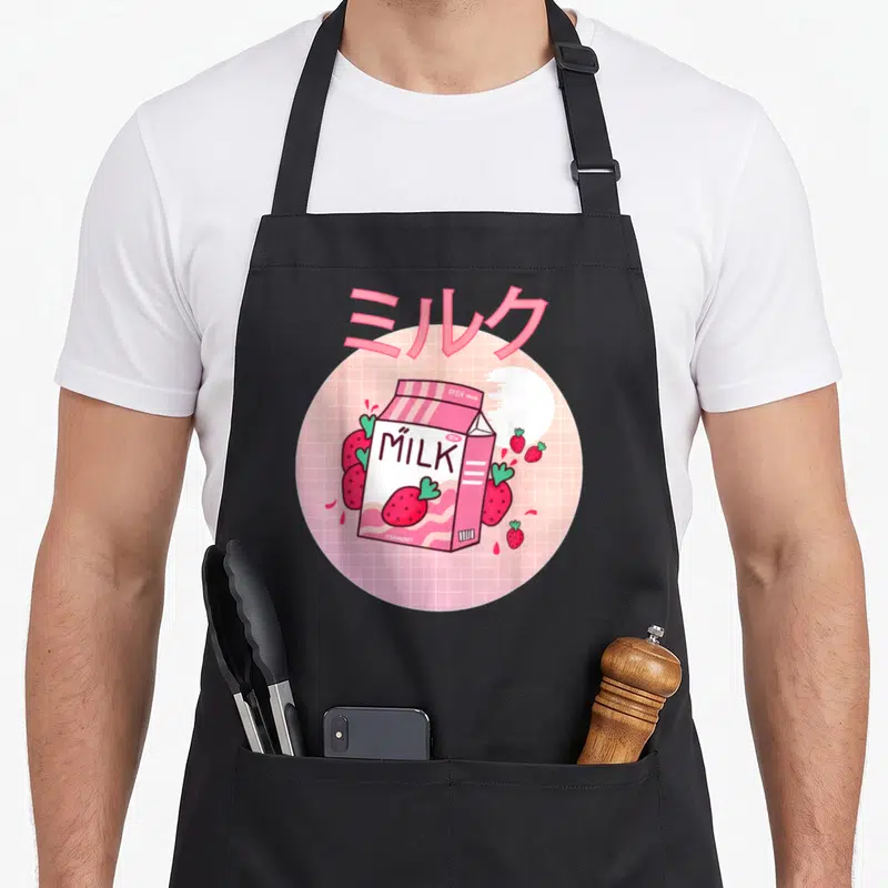 Shake milk aprons - Pink milk carton with strawberries and Japanese text on grid background — shown on a black cotton canvas apron against a white background
