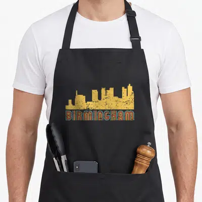 Skyline alabama apron - Yellow skyline silhouette above BIRMINGHAM text in teal and orange retro font — shown on a black cotton canvas apron against a white background