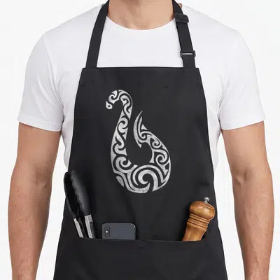 Polynesian new zealand apron - White line-art tribal fish hook swirl centered on grey background — shown on a black cotton canvas apron against a white background