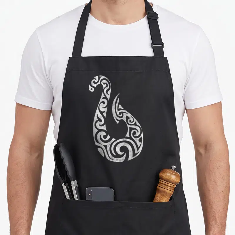 Polynesian new zealand apron - White line-art tribal fish hook swirl centered on grey background — shown on a black cotton canvas apron against a white background