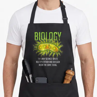 Funny biology science apron - Lime green biology text above a yellow bacterium with white explanatory text about — shown on a black cotton canvas apron against a white background