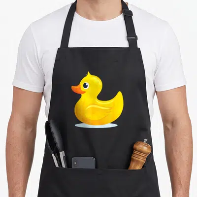 Yelllow duck apron - Cartoon yellow rubber duck with orange beak on white oval shadow — shown on a black cotton canvas apron against a white background