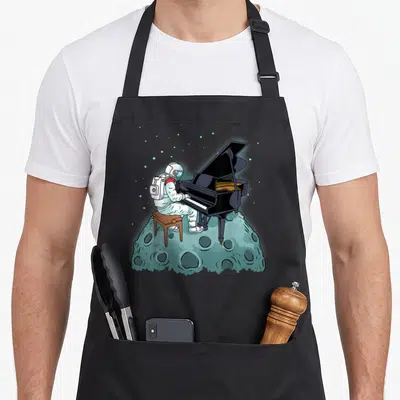 Pianist piano apron - Astronaut playing grand piano on cratered moon in cartoon style with stars — shown on a black cotton canvas apron against a white background