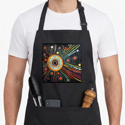 Dot australian apron - Abstract dot painting with central circle, radiating lines, and dots in black yellow red blue — shown on a black cotton canvas apron against a white background