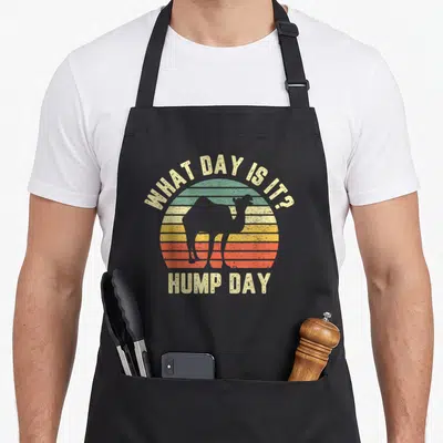 Hump camel apron - Retro striped sun with camel silhouette and What Day Is It Hump Day text — shown on a black cotton canvas apron against a white background