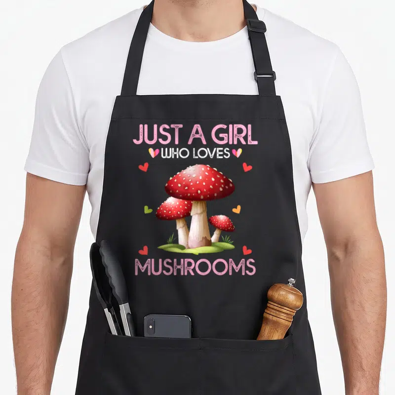Vintage mushroom apron - Three red mushrooms with white spots surrounded by pink text and hearts — shown on a black cotton canvas apron against a white background