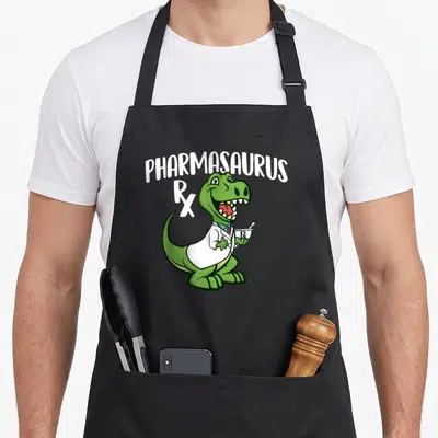 Pharmasaurus pharmacist apron - Green dinosaur in lab coat holding mortar pestle with PHARMASAURUS text and Rx symbol — shown on a black cotton canvas apron against a white background