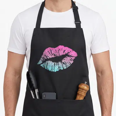 Kiss valentine apron - Minimalist pair of lips in pink and blue, no text — shown on a black cotton canvas apron against a white background