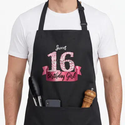 Sweet birthday apron - Rhinestone style number 16 with pink ribbon reading Birthday Girl — shown on a black cotton canvas apron against a white background