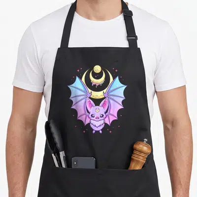 Sweet goth apron - Cartoon purple bat with three yellow crescent moons and pink stars — shown on a black cotton canvas apron against a white background