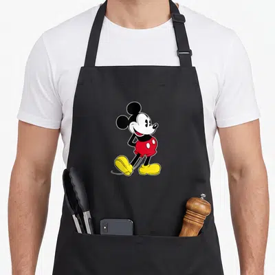 Funny pose mouse apron - Centered cartoon mouse in black red and yellow pose — shown on a black cotton canvas apron against a white background