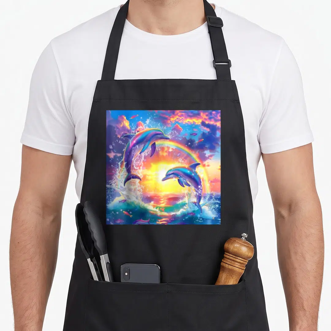 Symphony meme apron - Two realistic dolphins jumping in a circle around a sun and rainbow with scattered fish — shown on a black cotton canvas apron against a white background
