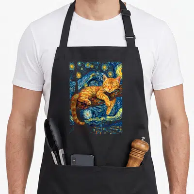 Van cat in an apron - Sleeping orange cat on branch with swirling blue stars and village in watercolor style — shown on a black cotton canvas apron against a white background