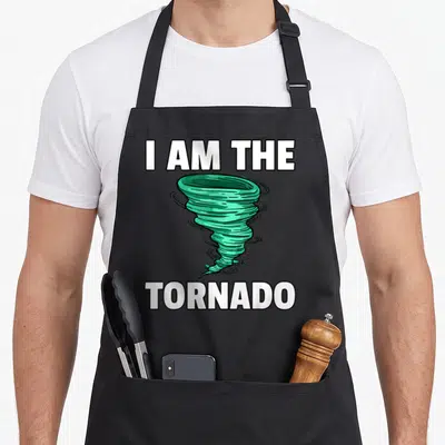 Storm thunderstorm apron - Green cartoon tornado centered between white text reading I AM THE TORNADO — shown on a black cotton canvas apron against a white background