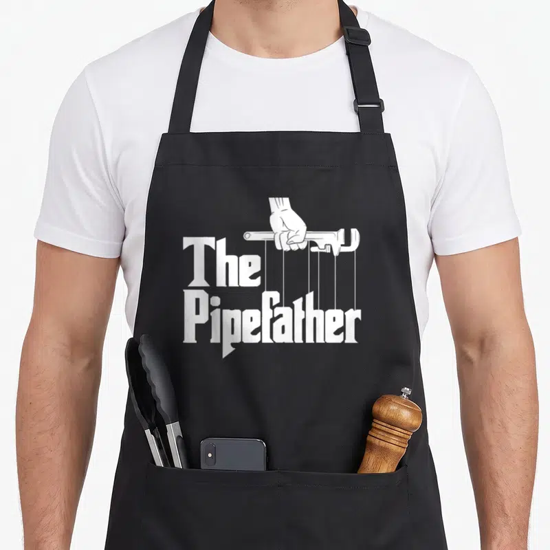 Plumbing pipefitter apron - White hand holding wrench with vertical lines connecting to The Pipefather text — shown on a black cotton canvas apron against a white background