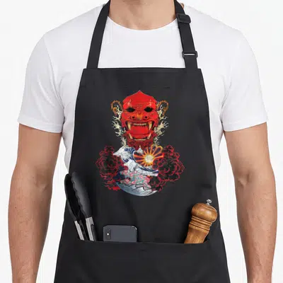 Japanese ogre apron - Red Hannya mask above blue wave and rising sun in black and yellow — shown on a black cotton canvas apron against a white background