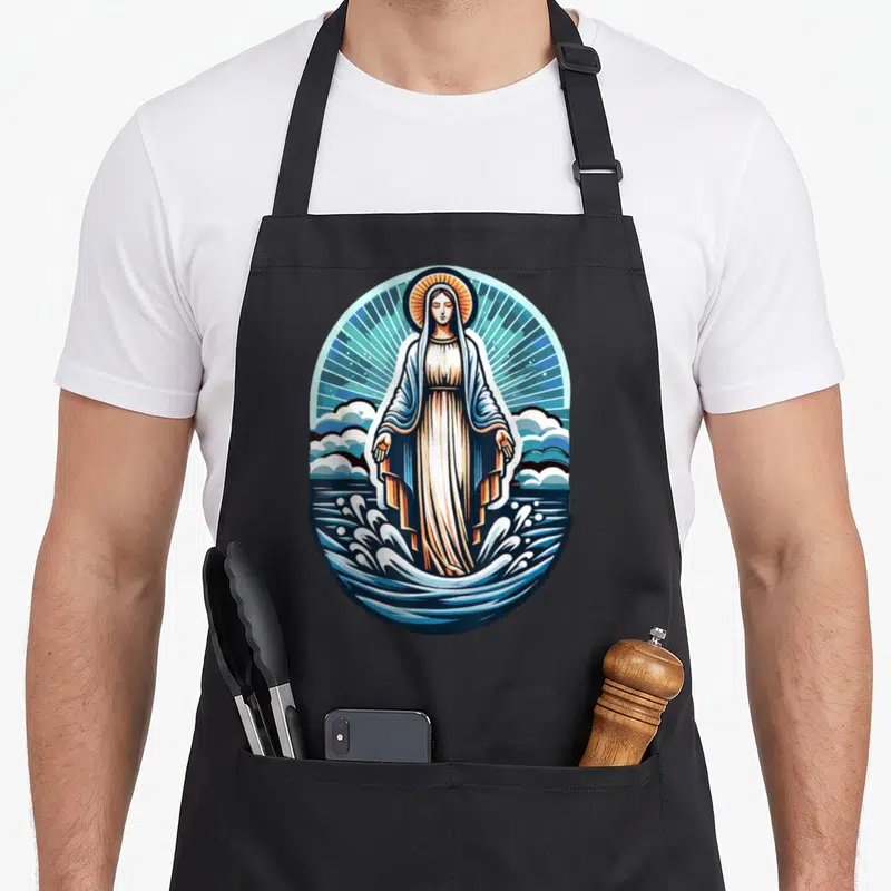 Stella catholic apron - Virgin Mary standing on water with rays from behind in blue white gold oval line art — shown on a black cotton canvas apron against a white background