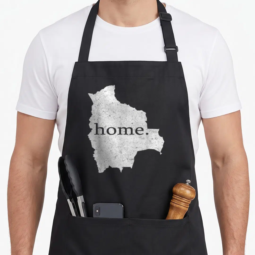 Funny bolivia bolivian apron - White distressed map of Bolivia with grey home. text centered — shown on a black cotton canvas apron against a white background