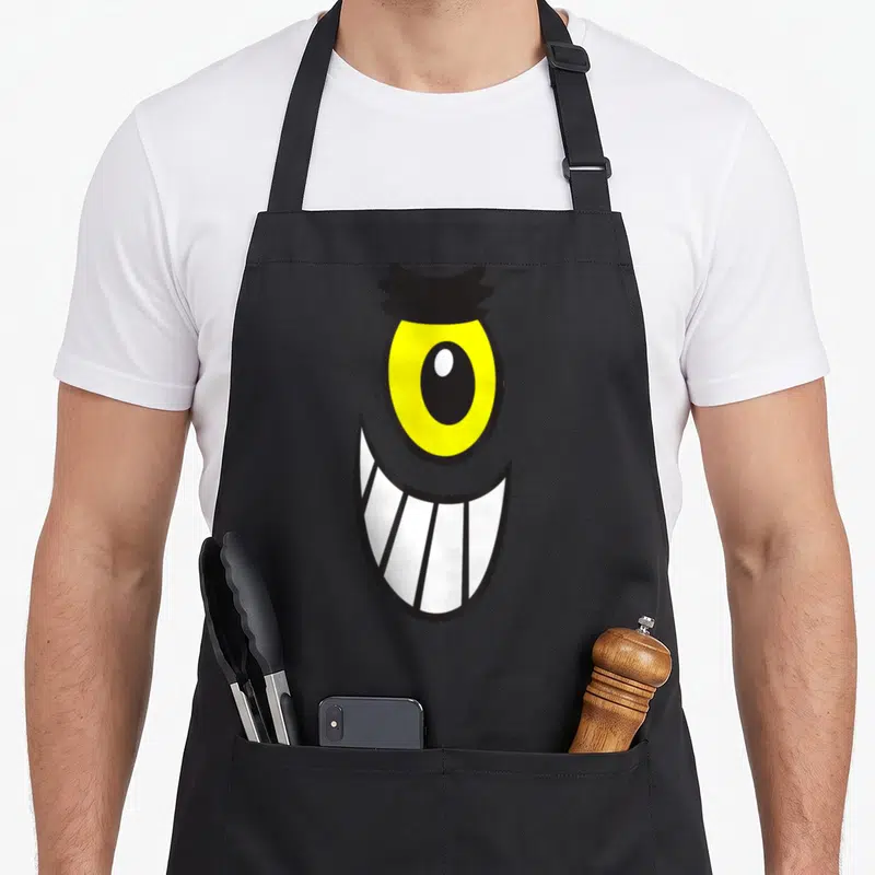 Plankton halloween apron - Cartoon monster face with large yellow eye and white grinning teeth on dark background — shown on a black cotton canvas apron against a white background