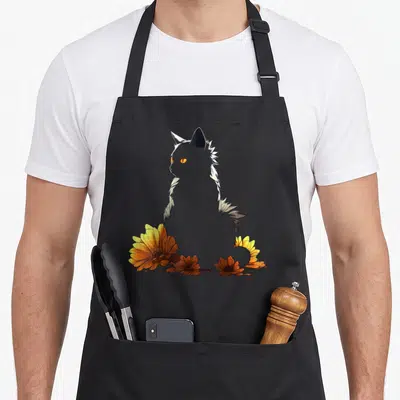 Motif cat apron - Stylized white cat outline sitting among orange and yellow flowers — shown on a black cotton canvas apron against a white background