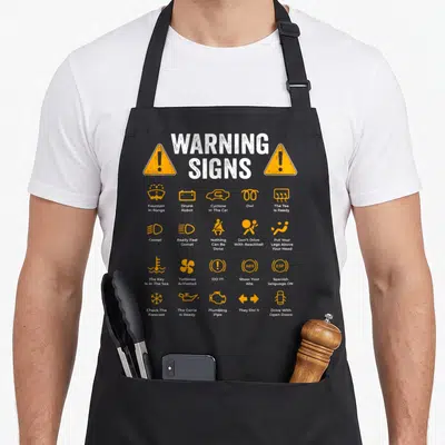 Driving auto apron - Twenty orange automotive warning icons with captions like Drunk Robot and The Key Is In The Sea — shown on a black cotton canvas apron against a white background