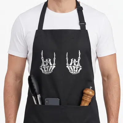 Star skeleton apron - Two white skeleton hands making rock on sign side by side — shown on a black cotton canvas apron against a white background