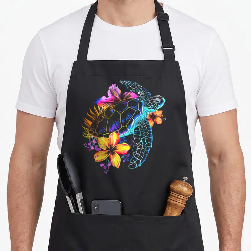 Sea hawaiian apron - Line art sea turtle surrounded by pink, yellow, blue, and cyan tropical flowers — shown on a black cotton canvas apron against a white background