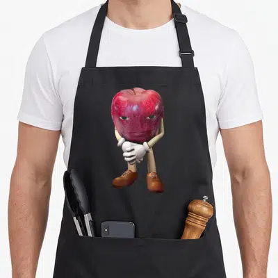 Face apple apron - Red apple with human face, folded arms, white gloves, and brown shoes — shown on a black cotton canvas apron against a white background