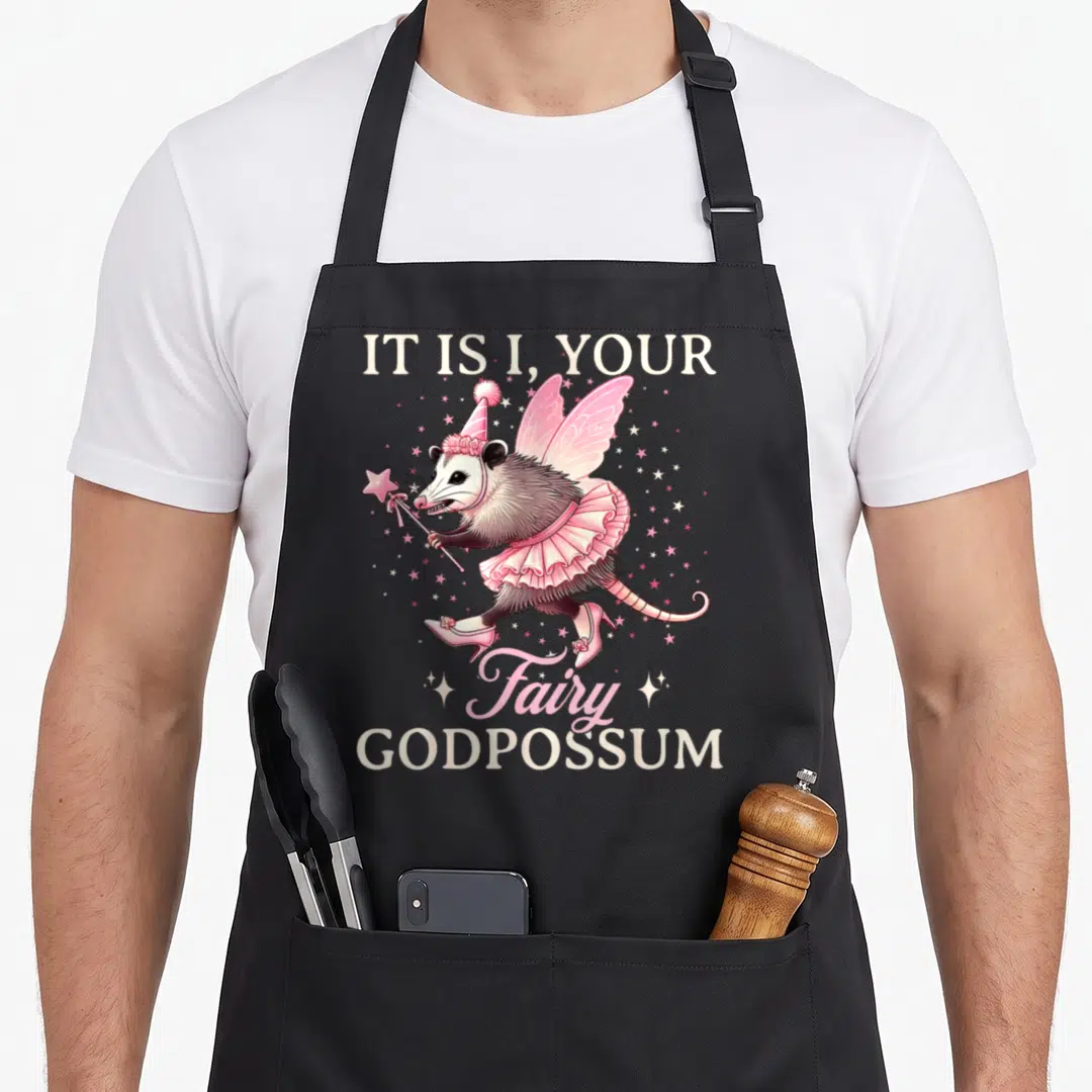 Fairy animal apron - Cartoon opossum in pink tutu and wings holding wand between text IT IS I YOUR Fairy GODPOSSUM — shown on a black cotton canvas apron against a white background