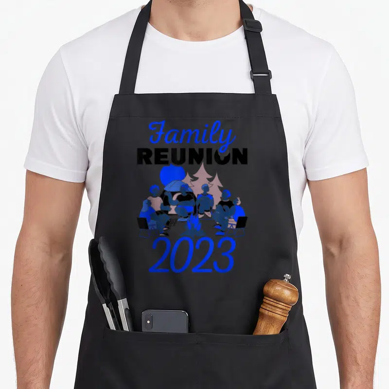 Retro family gathering apron - Blue black pink text Family REUNION 2023 people campfire tent trees minimalist art — shown on a black cotton canvas apron against a white background