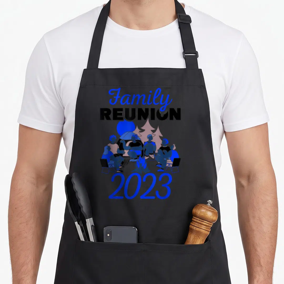 Retro family gathering apron - Blue black pink text Family REUNION 2023 people campfire tent trees minimalist art — shown on a black cotton canvas apron against a white background
