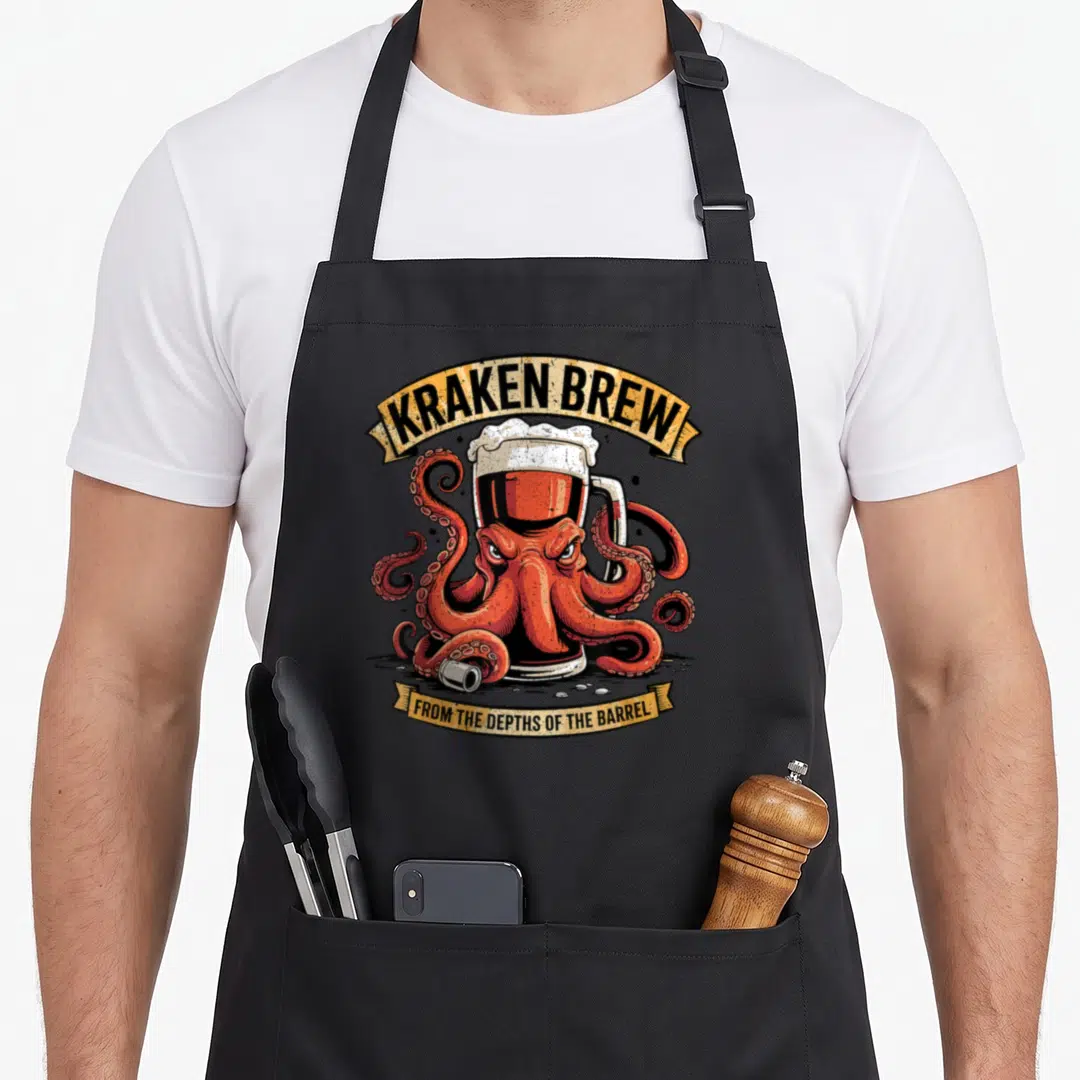 Kraken beer apron - Red kraken wraps around frothy mug under KRAKEN BREW banner with bottom slogan in cartoon art — shown on a black cotton canvas apron against a white background