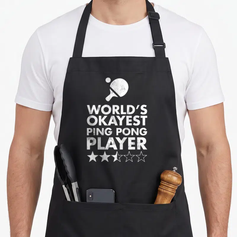 Lustige pong apron - White ping pong paddle and ball above stacked text reading WORLD'S OKAYEST PING PONG PLAYER — shown on a black cotton canvas apron against a white background