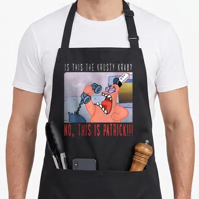 Funny squarepant patrick apron - Patrick Star shouting into blue phone with white and red text — shown on a black cotton canvas apron against a white background