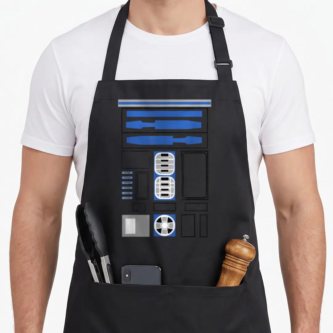 Cute costume halloween white apron - Grey blue and white geometric technical diagram print on apron front panel — shown on a black cotton canvas apron against a white background