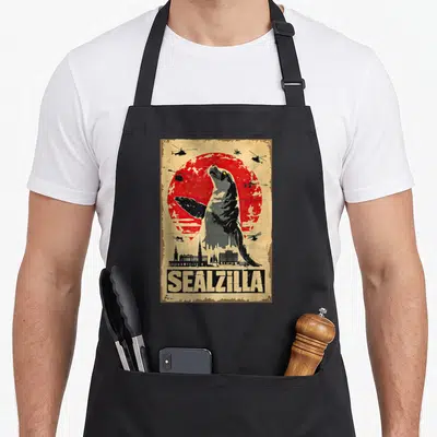 Sealzilla birthday apron - Vintage grey seal towering over city skyline with red sun and helicopters — shown on a black cotton canvas apron against a white background