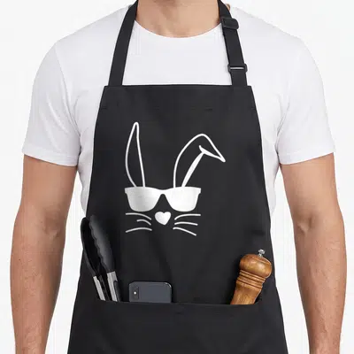Easter hip apron - Minimalist white bunny face with sunglasses, heart nose, and whiskers — shown on a black cotton canvas apron against a white background
